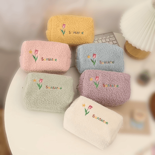 Embroidered Makeup Bag Plush Zip Toiletry Travel Organizer Gift