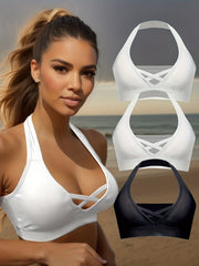 3pcs Wireless Halter Sports Bras Comfy & Breathable Push Up Bra