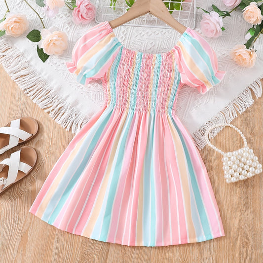 Girls Short Bubble Sleeve Block Shirred Dress Kids Summer Clothes