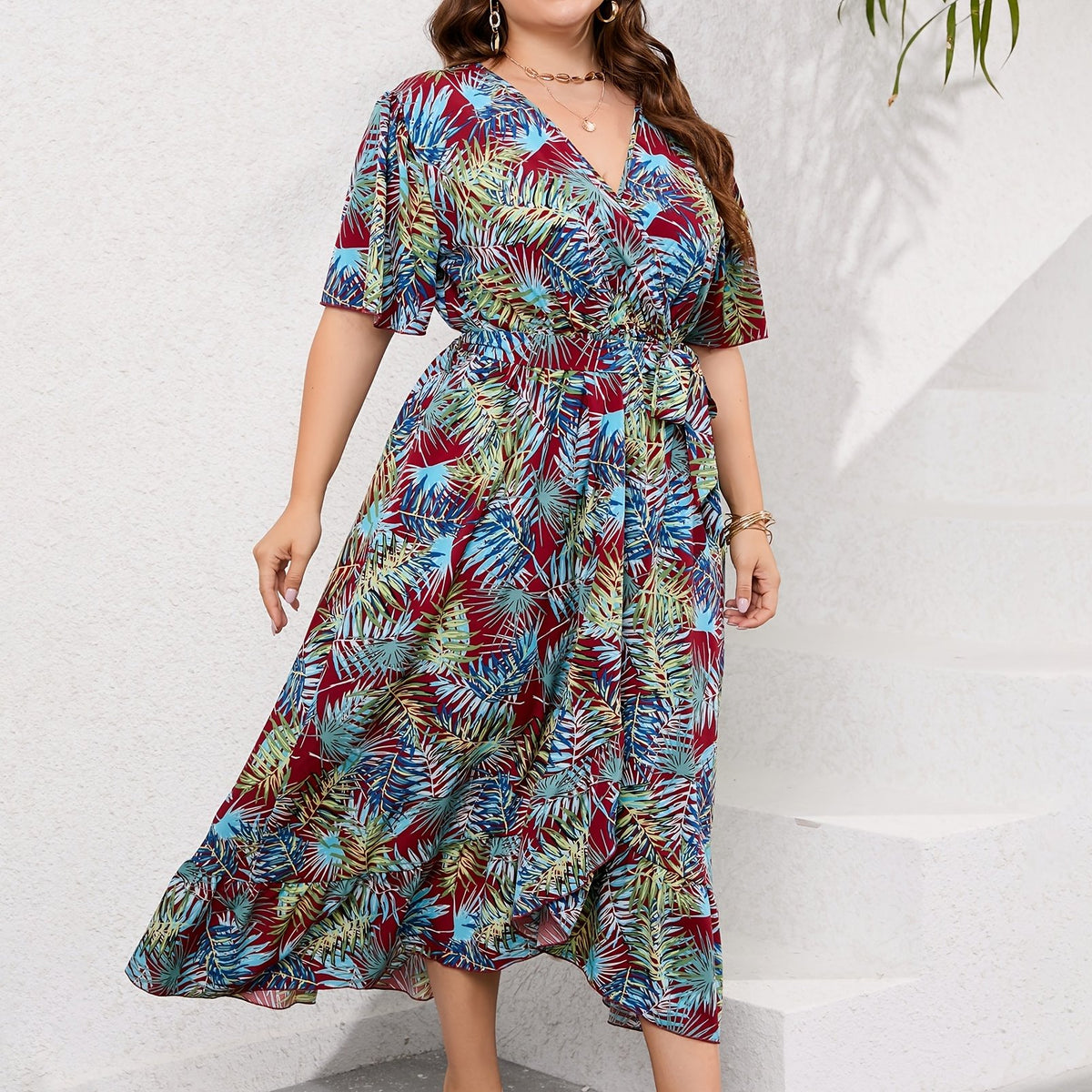  Tropical Print Maxi Wrap Dress With Belt