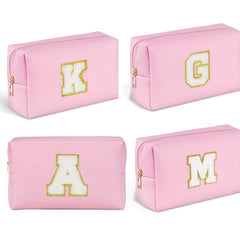 Preppy Makeup Bag With Zipper Chenille Letter Pink Travel Cosmetic Bag For Women