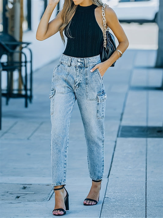 Flap Pockets Straight Jeans High Waist Non Stretch Cargo Pants