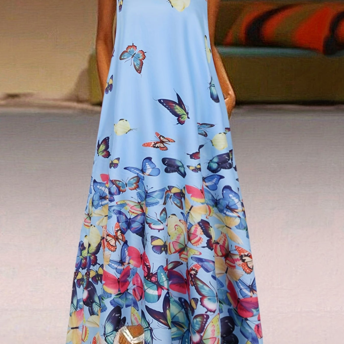 Butterfly Print V Neck Dress Sleeveless Casual Dress