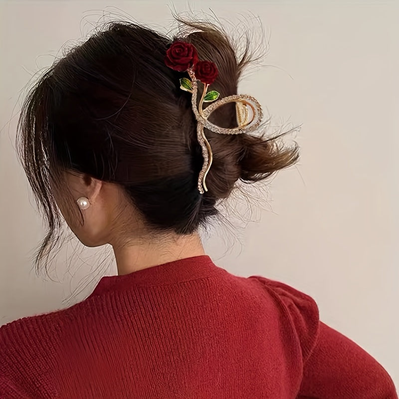 Red Rose Rhinestone Hair Claw Clip Strong Grip Hair Jaw Clip