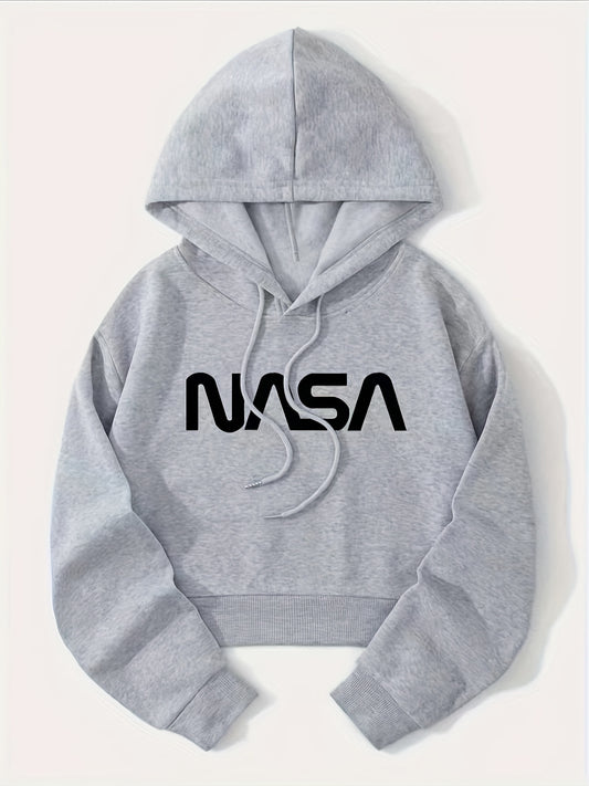 Letter Graphic Drawstring Crop Hoodie Long Sleeve Sweatshirt