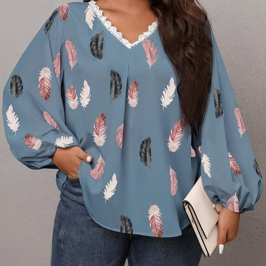  Feather Print Lace Trim V Neck Top