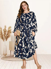  Allover Print Lantern Sleeve Maxi Dress With Belt