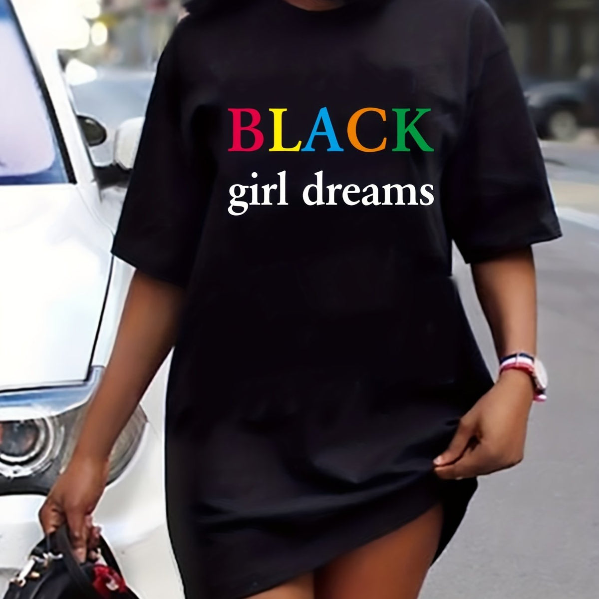  Colorful Letter Print Round Neck Tee Dress