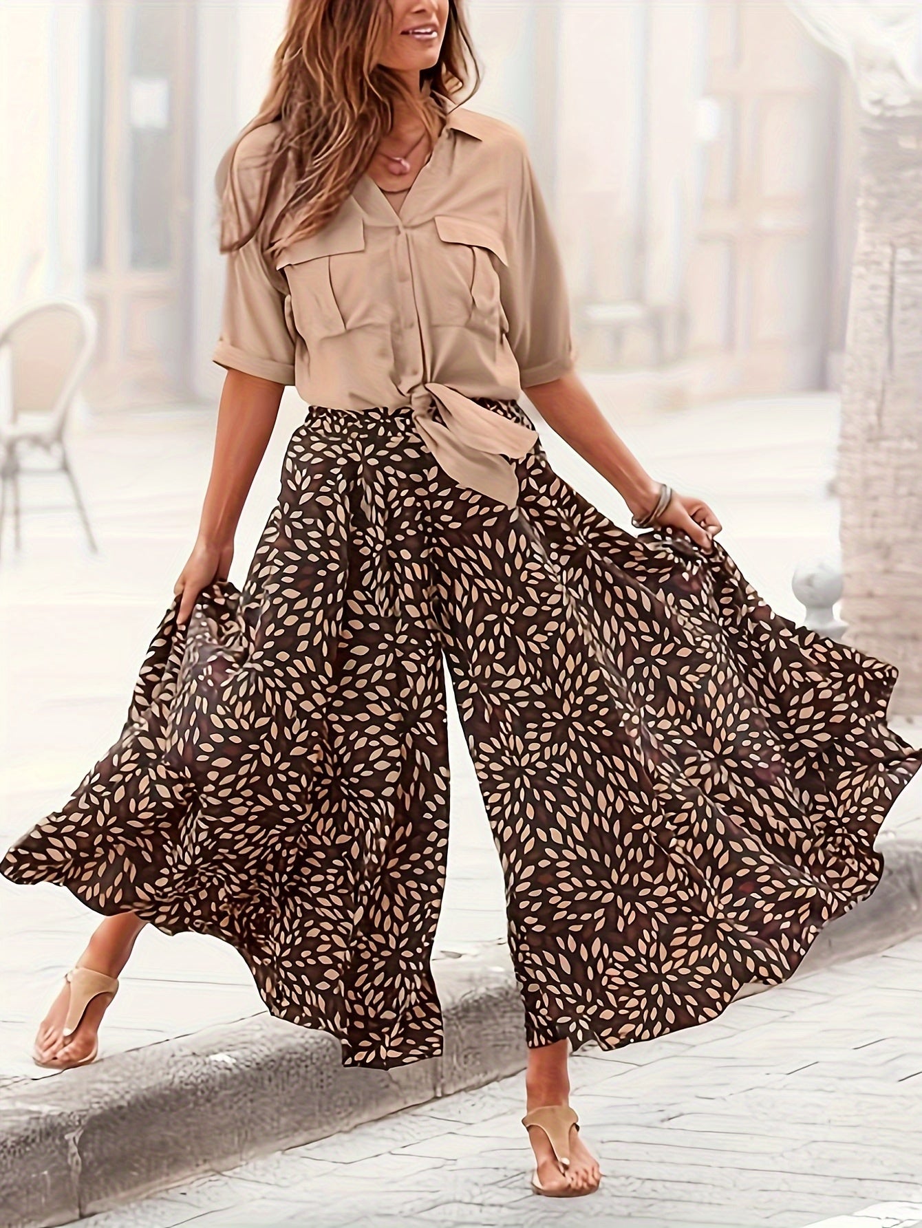  Boho Pants Women's Plus Allover Print High Rise Wide Leg Trousers