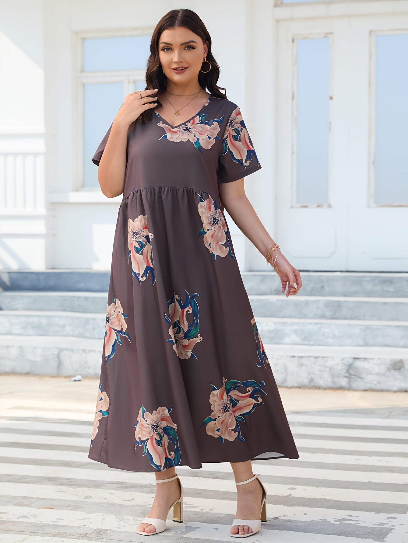Floral Print V-Neck Maxi Dress Plus Size