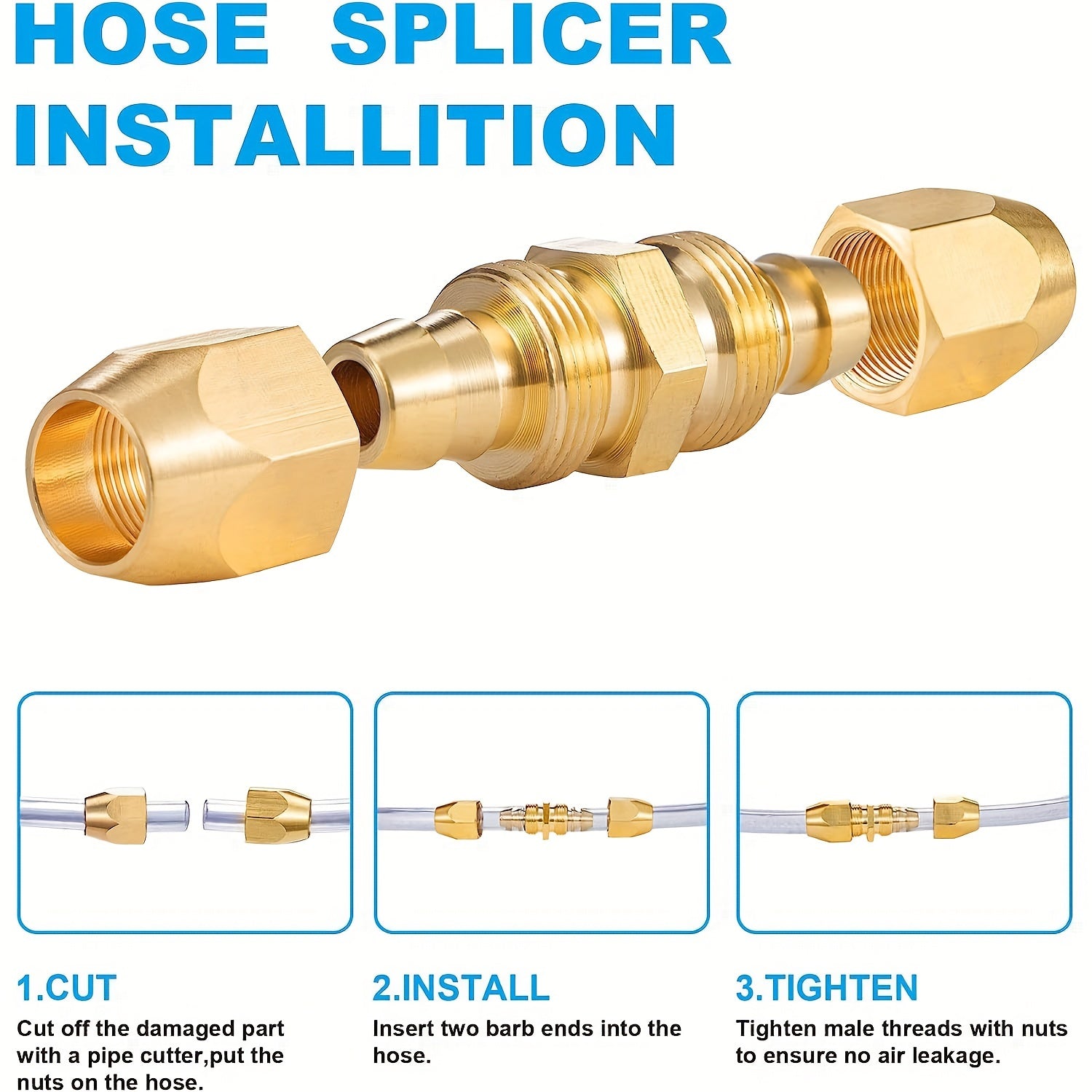 Solid Brass Air Hose Splicer 1/4" 3/8" ID Hose Repair Fitting