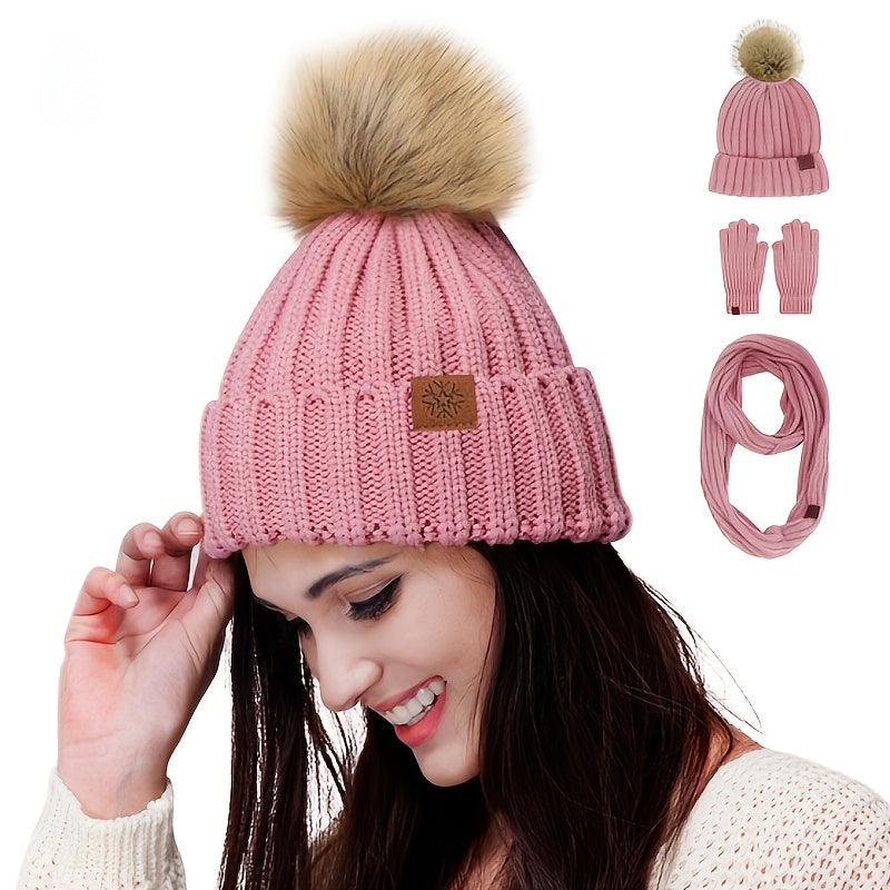 Winter Women's Fur Ball Knit Hat Scarf Gloves Set - Valentines