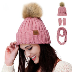Winter Women's Fur Ball Knit Hat Scarf Gloves Set - Valentines