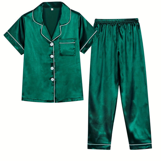 Kid's 2pcs Soft Pajamas Short Sleeve Top & Pants Set Solid Loungewear