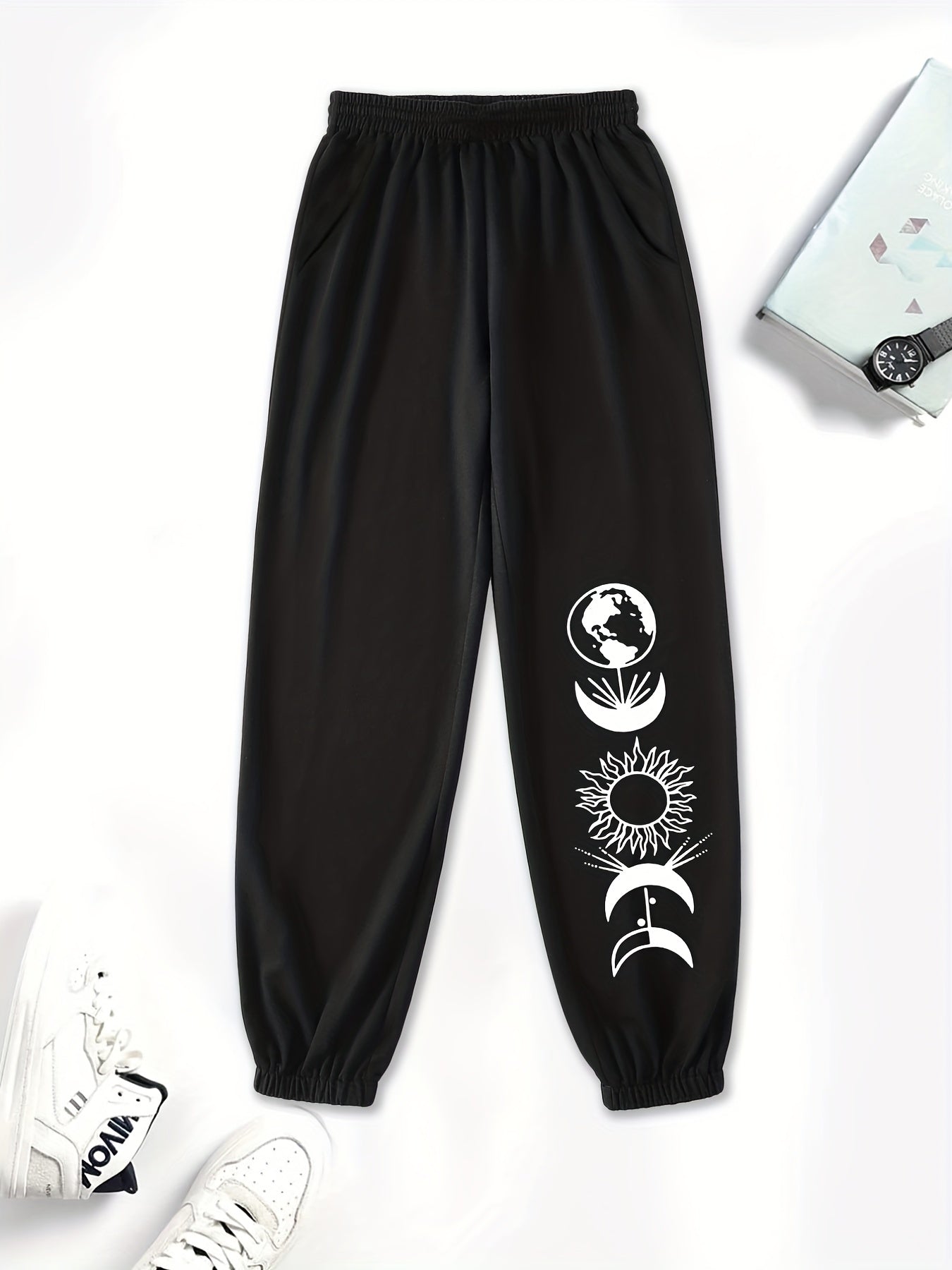 Vintage Sun Moon Graphic Sweatpants For Girls High Waisted