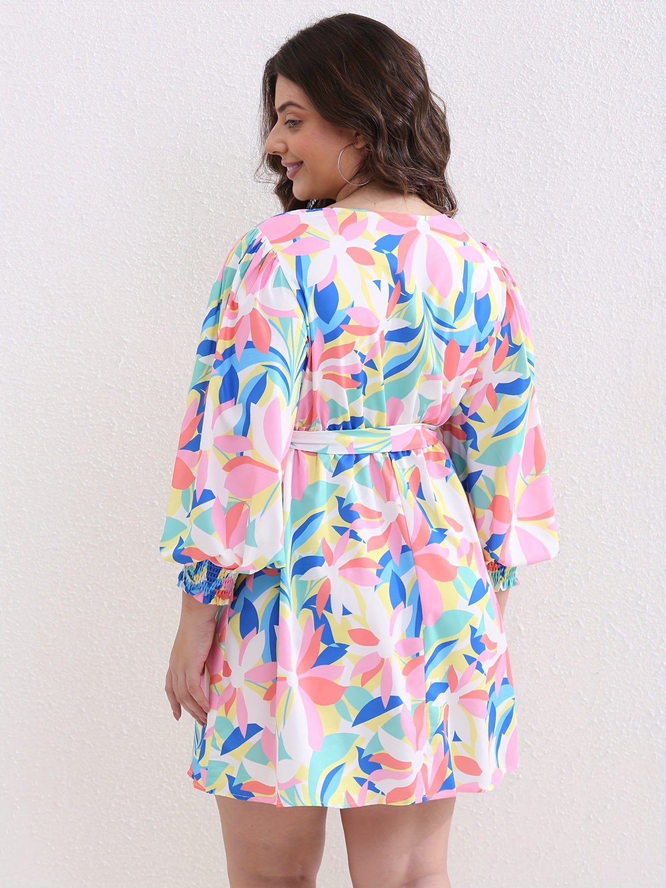  Floral Print Lantern Sleeve Dress With Belt