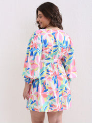  Floral Print Lantern Sleeve Dress With Belt