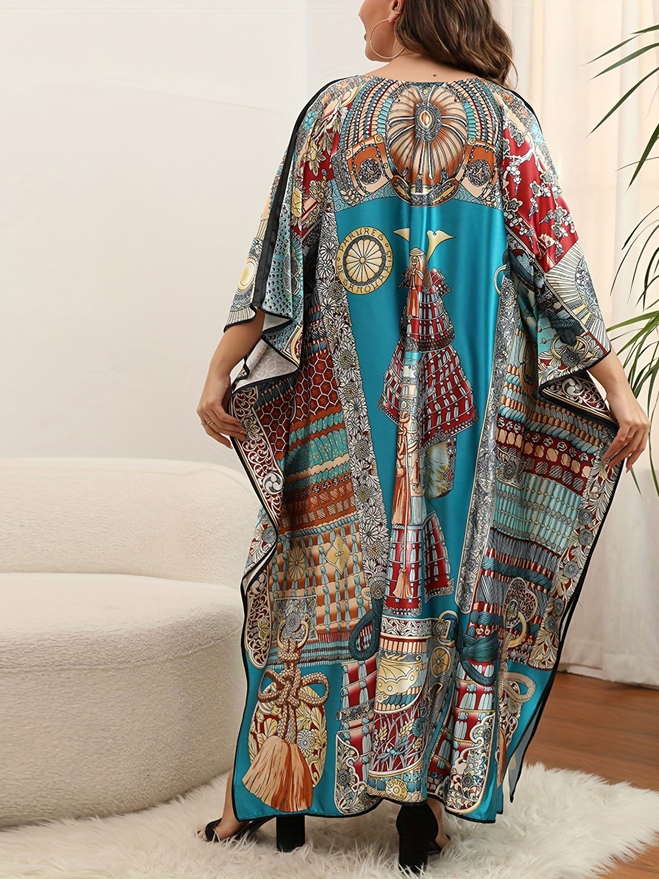  Boho Cover Up Women's Plus Graphic Print Bat Sleeve V Neck