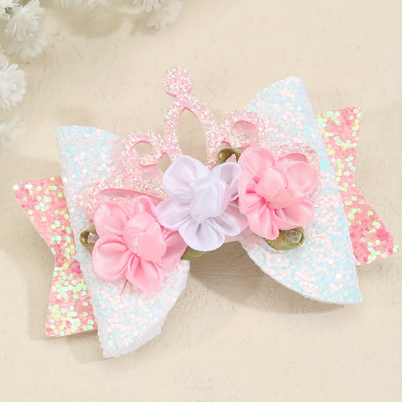 Pink Glitter Crown Bow Flowers Hair Clips for Baby Girls