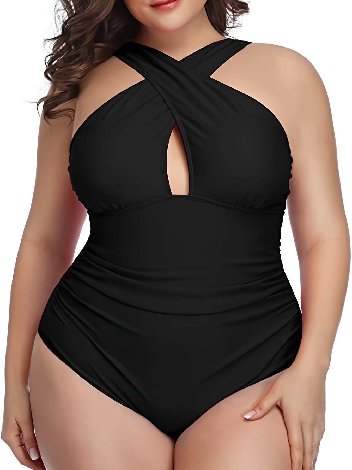 Criss Cross Neck Cut Out One Piece Swimsuit Plus Size