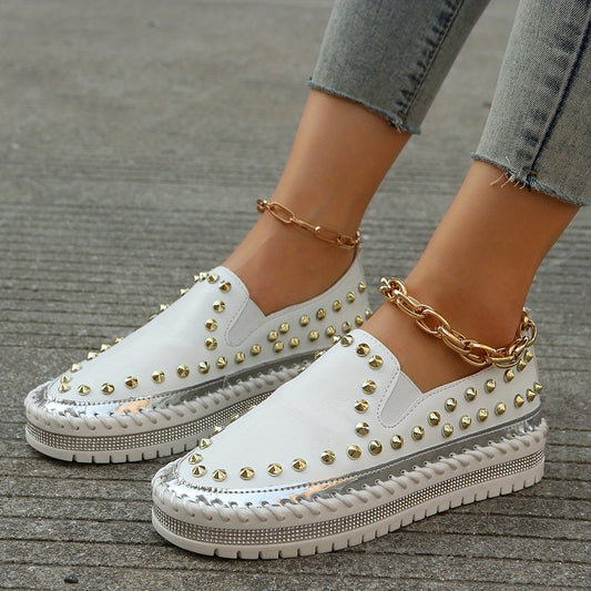 Women's Rivet Platform Loafers Slip On Low Top Shoes