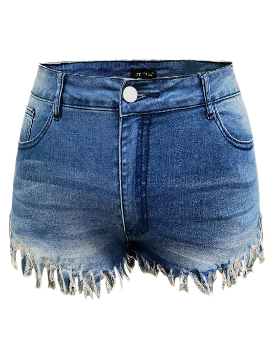 Denim Shorts Women's Solid Fringe Trim High Rise Button Fly Pocketed