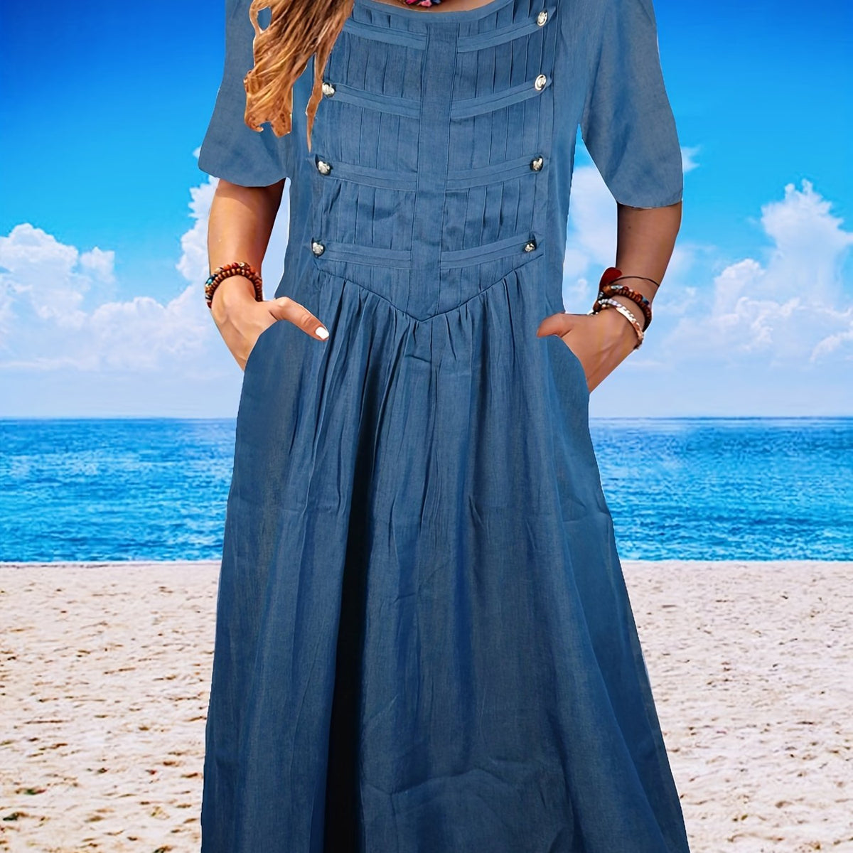  Ruched Bead Decor Round Neck Short Sleeve Dress
