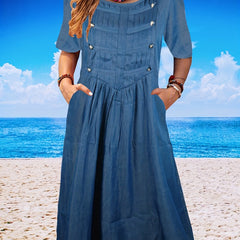  Ruched Bead Decor Round Neck Short Sleeve Dress