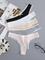 5pcs Lace Trim Ribbed Low Waist Panties Women's Lingerie