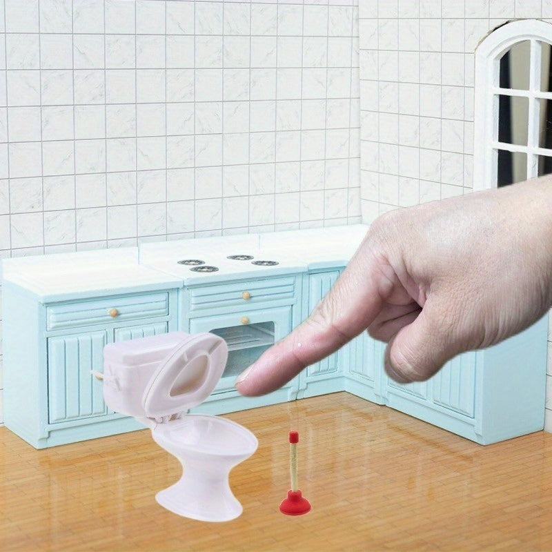 Dollhouse Toilet and Plunger Model Set Small Decor