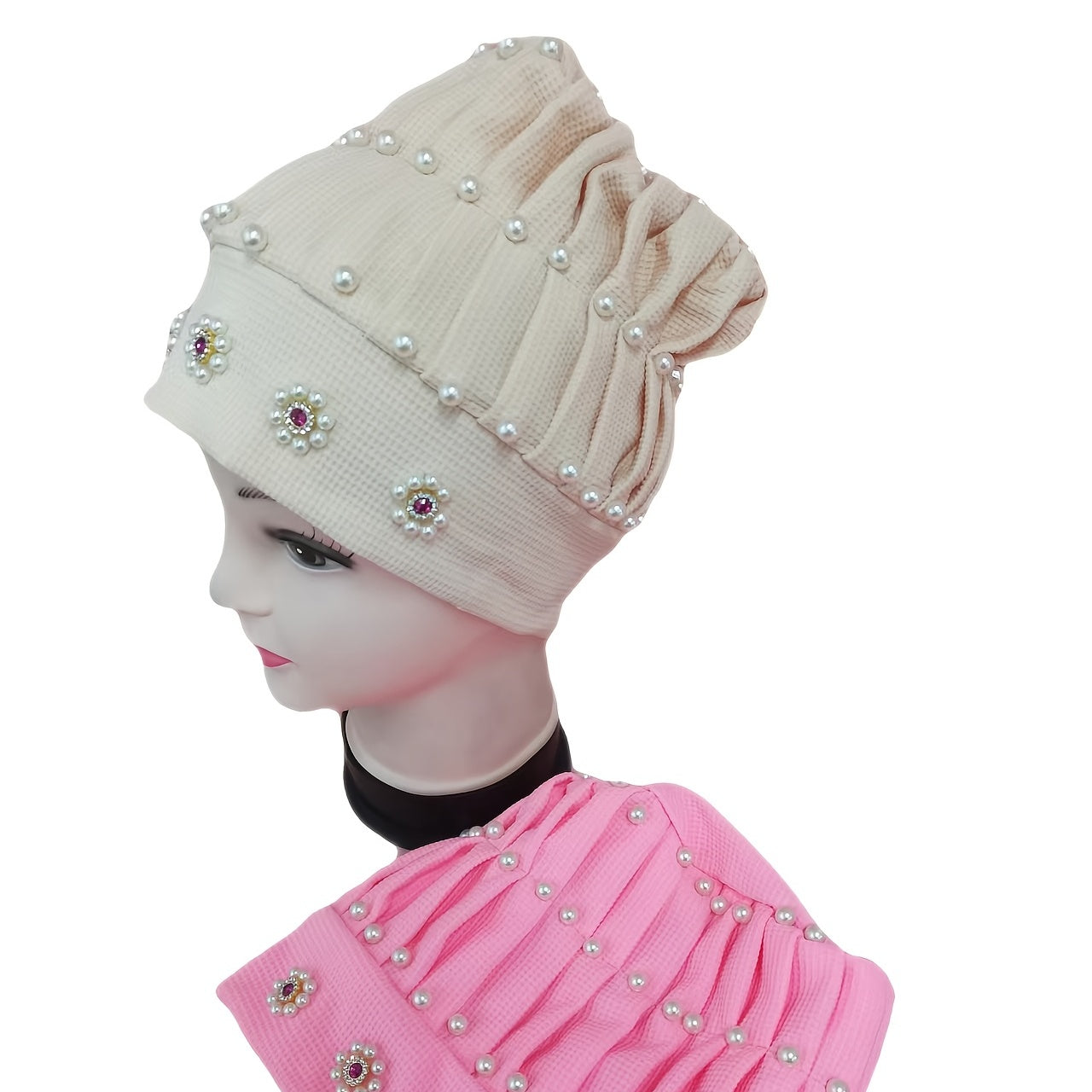 Faux Pearl Beanie Beaded Pumpkin Hat Soft Crochet Knit Beanie Hat