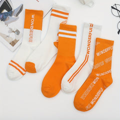 5 Pairs Letter Print Sports Mid Tube Socks Women's Stockings & Hosiery