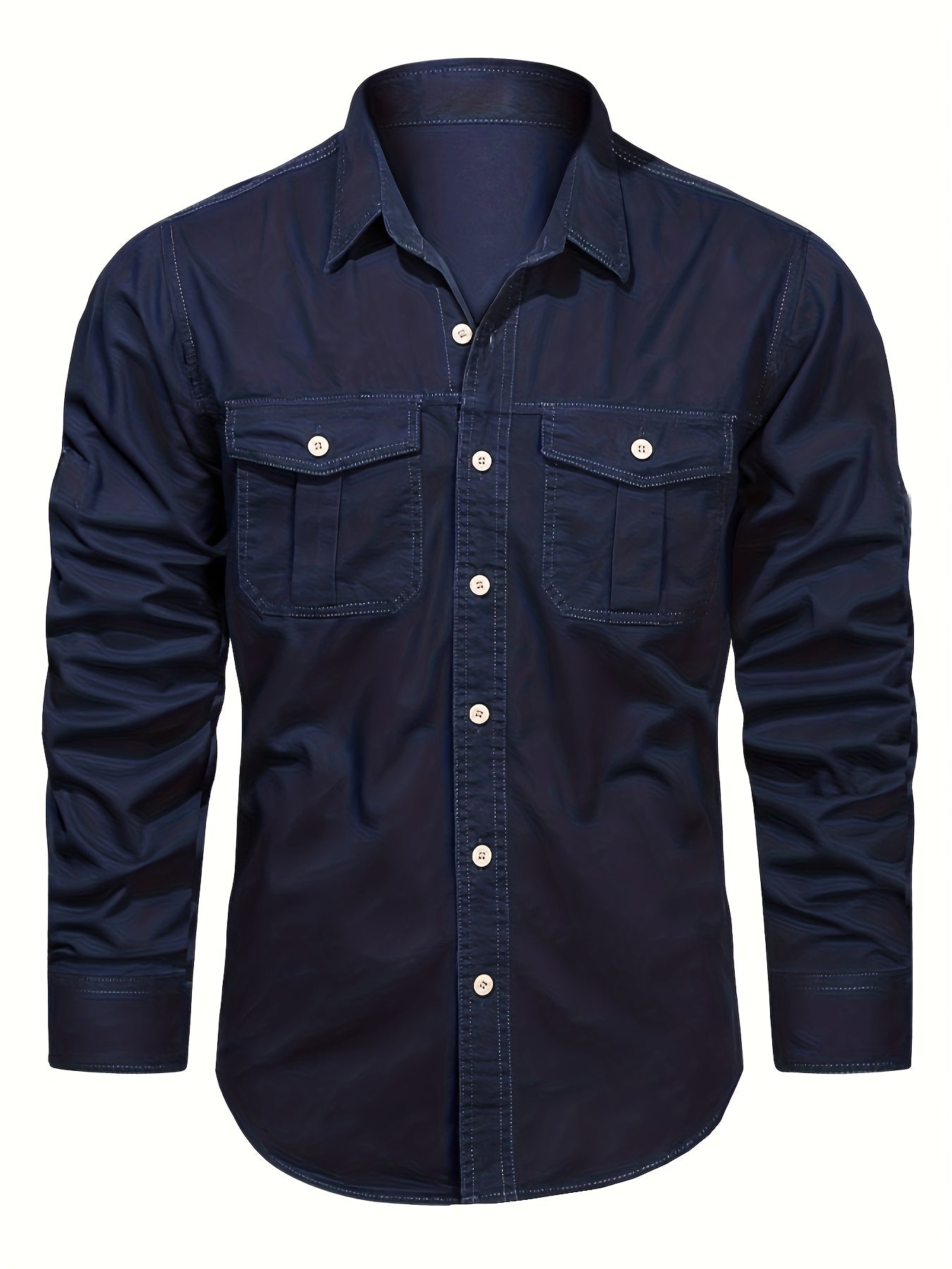 Men's Solid Cargo Shirts Casual Button Up Long Sleeve Shirt