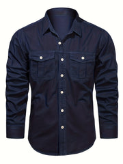 Men's Solid Cargo Shirts Casual Button Up Long Sleeve Shirt