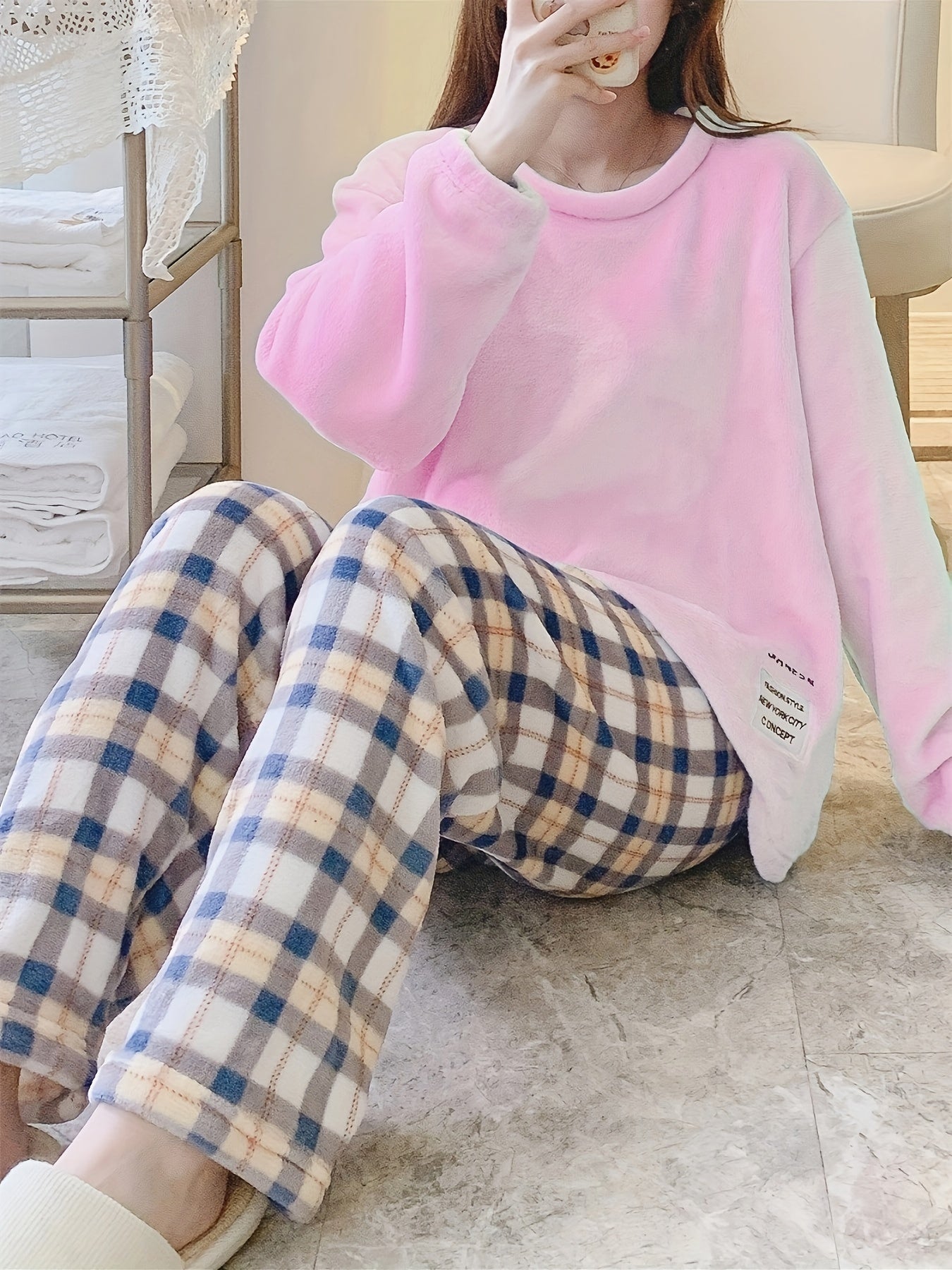 Plaid Print Fuzzy Pajama Set Long Sleeve Crew Neck Top & Elastic Waistband Pants