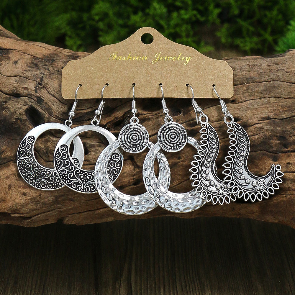 Retro Style Antique Silver 3 Pairs Earrings Set