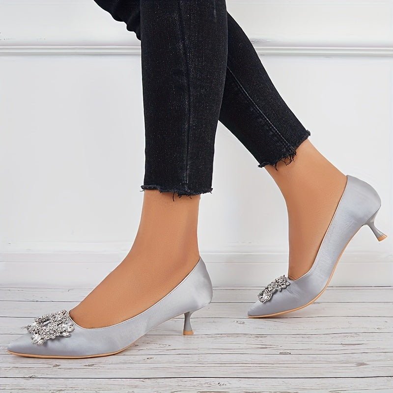 Women's Satin Kitten Heels Rhinestone Slip On Low Heels