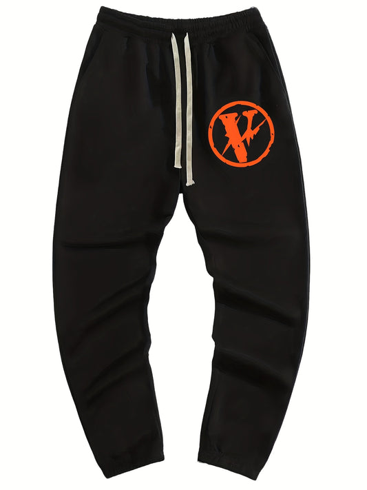 Men's Casual Wide Leg Drawstring Pants - Letter V Print