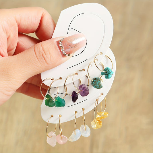 6 Pairs Natural Raw Stone Hoop Earrings for Women Girls
