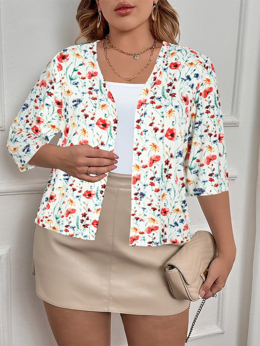 Plus Floral Print Half Sleeve Open Front Cardigan