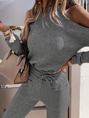 Cold Shoulder Long Sleeve Top & Drawstring Pants Set