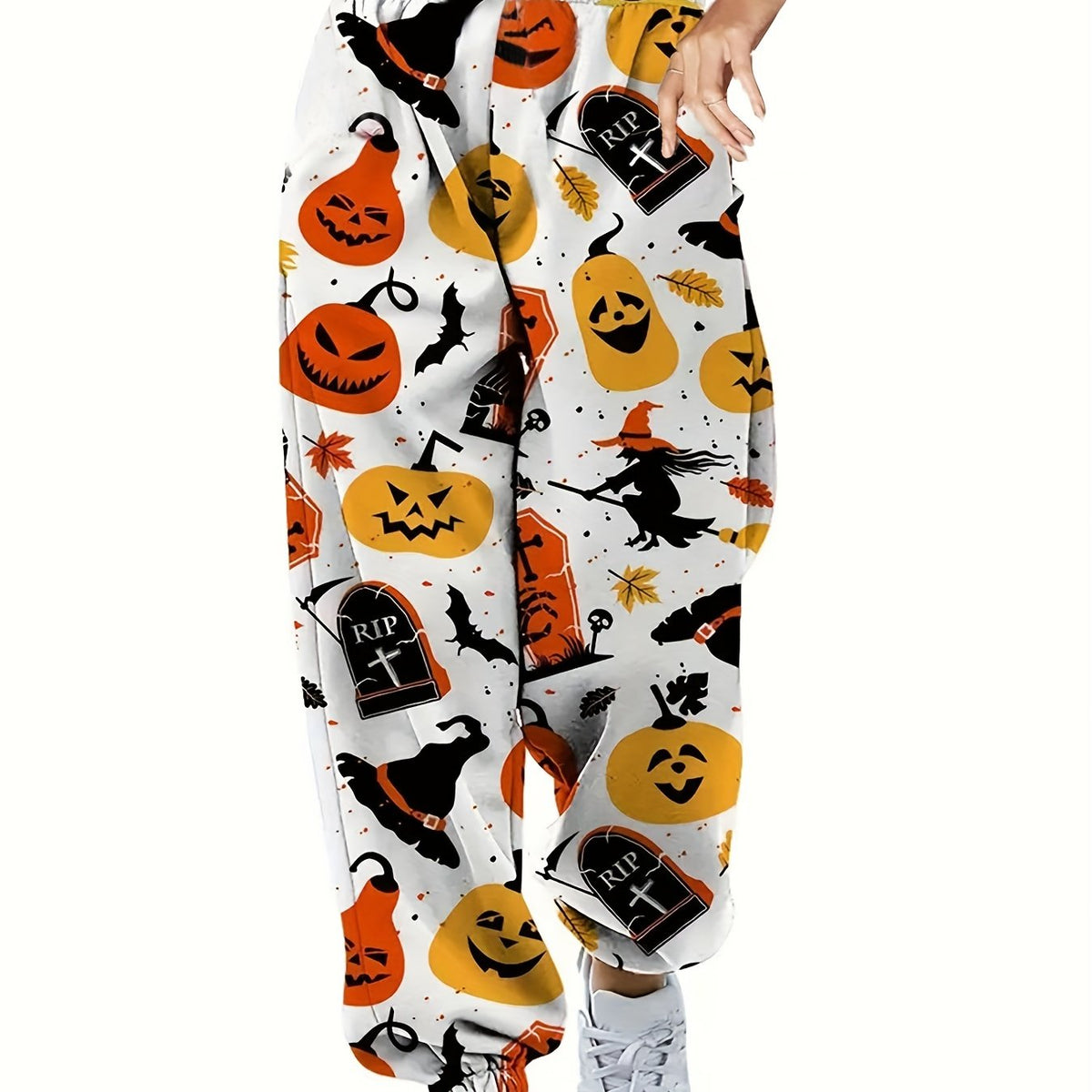  Halloween Pumpkin Print High Rise Tapered Leg Pants