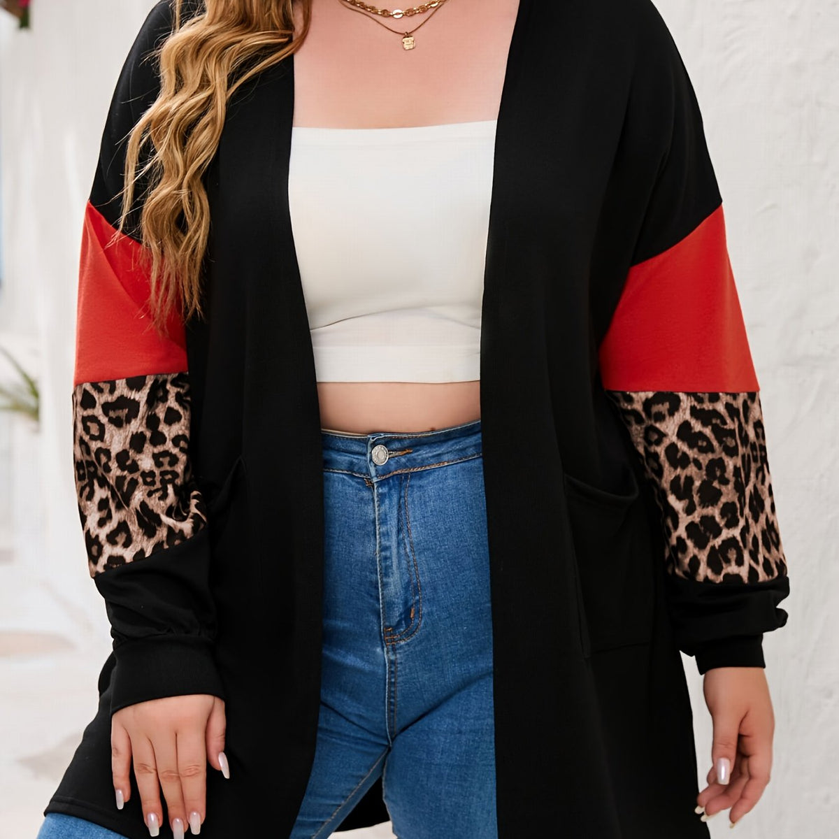  Colorblock Leopard Print Open Front Cardigan