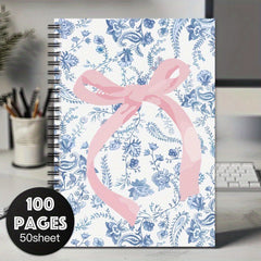 Pink Bow Tie Spiral Notebook Floral 100 Pages Perfect Gift