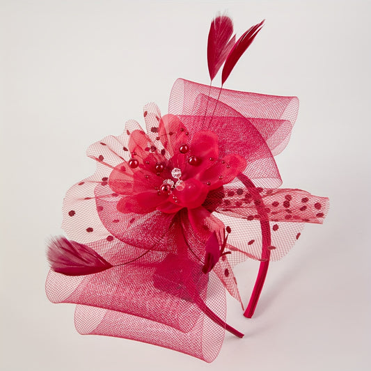 Red Flower Feather Fascinator Headband for Tea Party Wedding