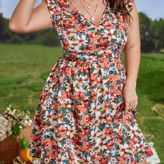 Floral Print Ruffle Sleeve V Neck Dress