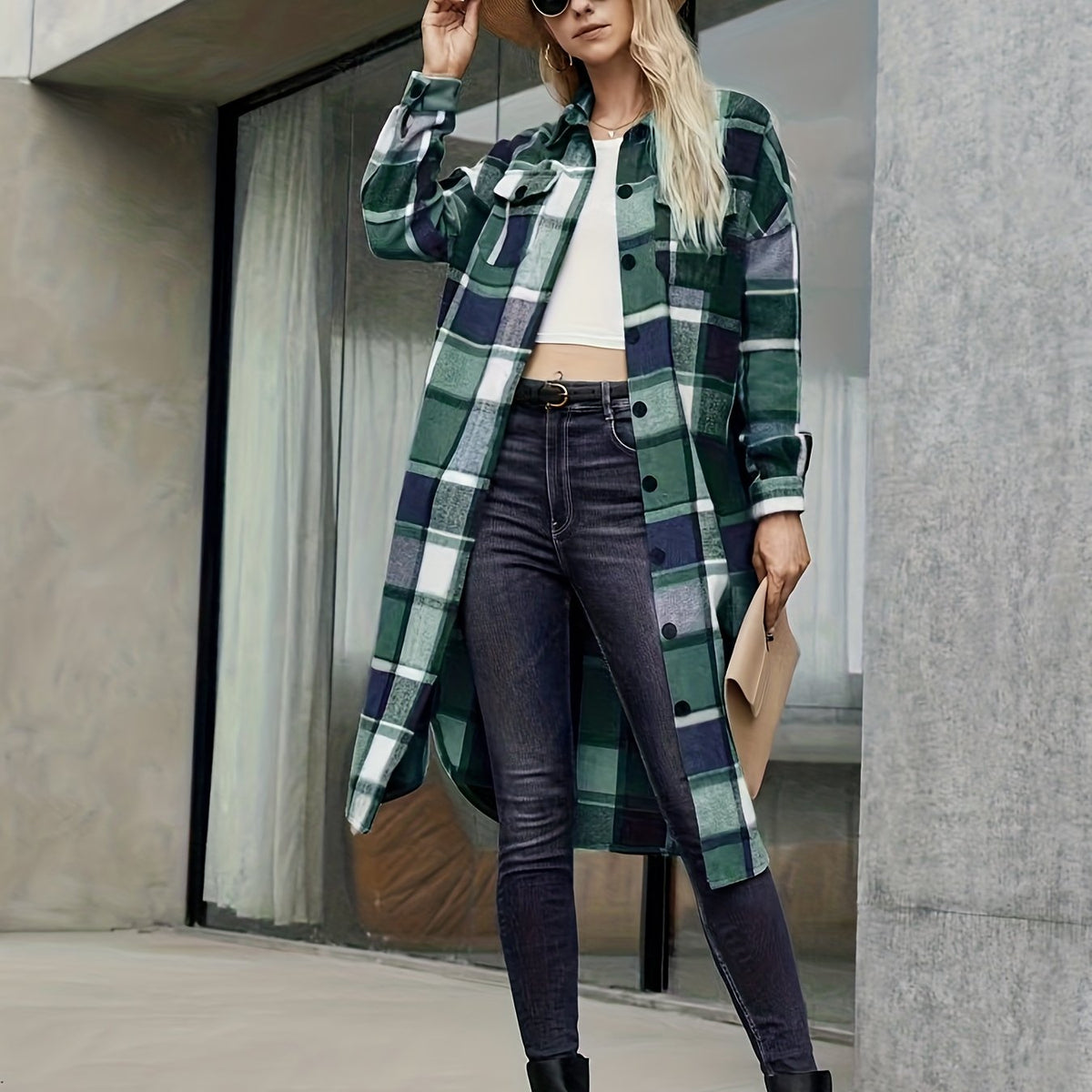  Plaid Print Long Sleeve Button Up Lapel Collar Shirt