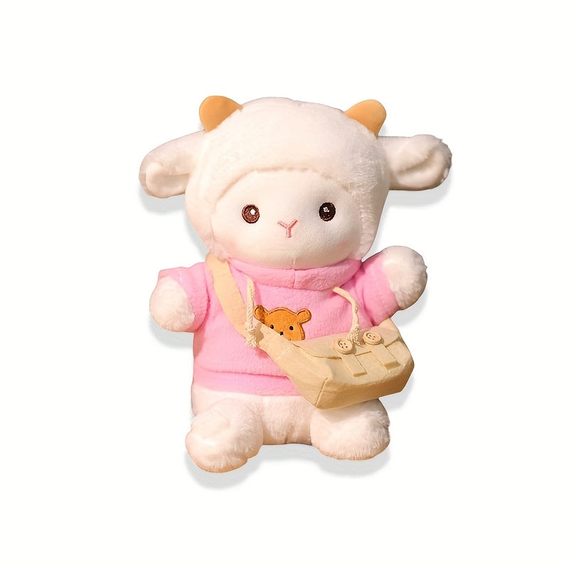 7.87in Plush Lamb Doll with Brown Horns & Bear Pattern Clothes Shoulder Bag
