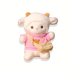 7.87in Plush Lamb Doll with Brown Horns & Bear Pattern Clothes Shoulder Bag