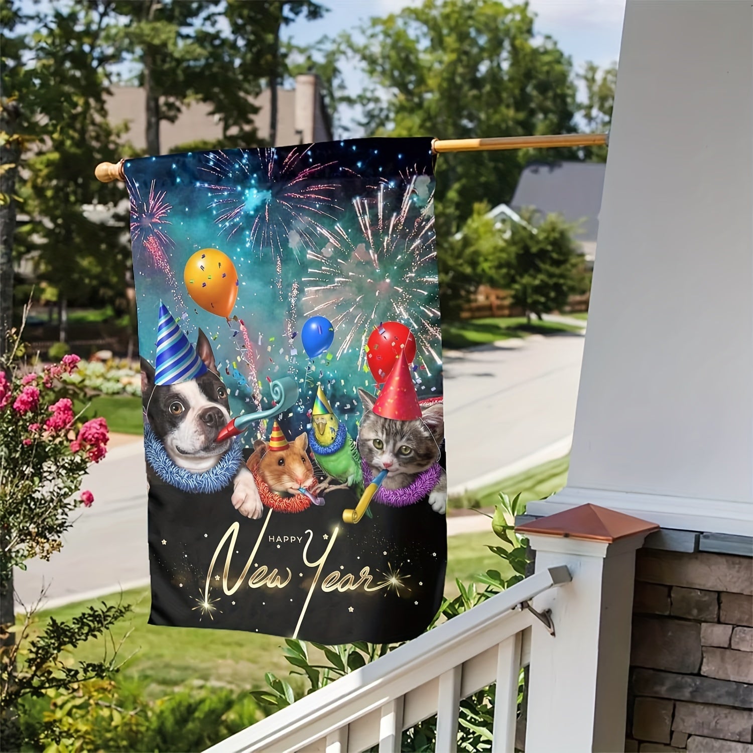 Christmas Happy Year Fireworks Party Dog Bird Cat Garden Flag